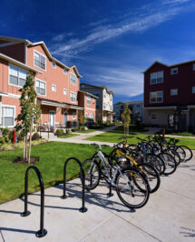 Bike rack in front of student housing building
